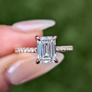 14 Karat Solid Rose Gold Emerald Lab Diamond Engagement Ring